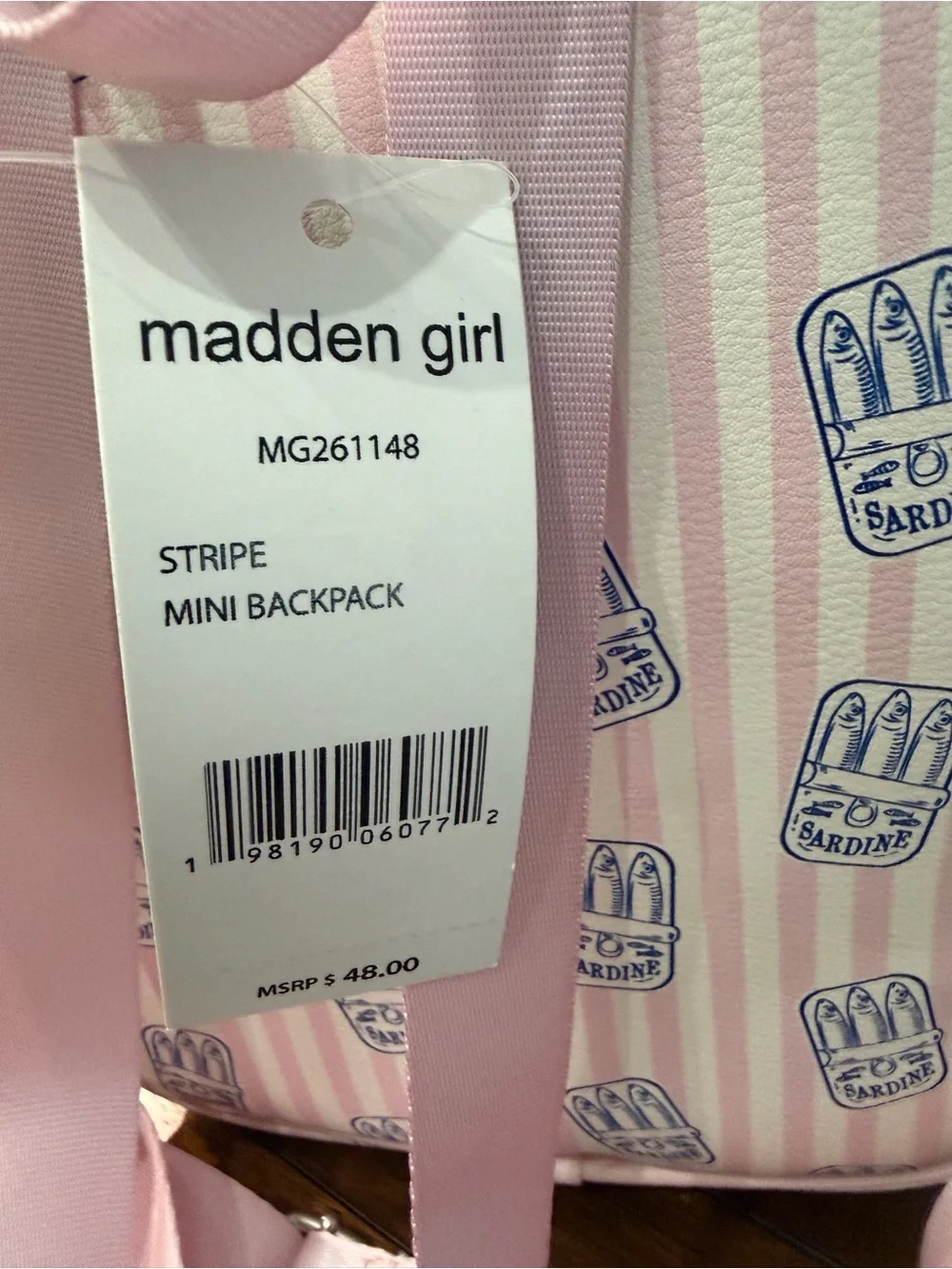 Madden Girl Pink Striped Sardine Print Kids Small Backpack with Pouch